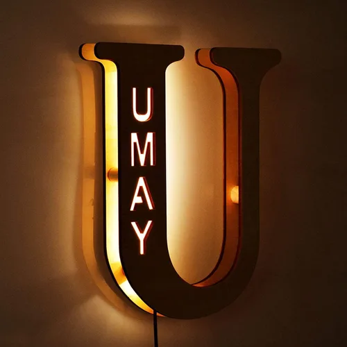 Vista 8 de Luz nocturna LED personalizada, letra inicial de madera grabada con nombre para familiares amigos, alfabeto, dormitorio, boda, Navidad, Halloween y j