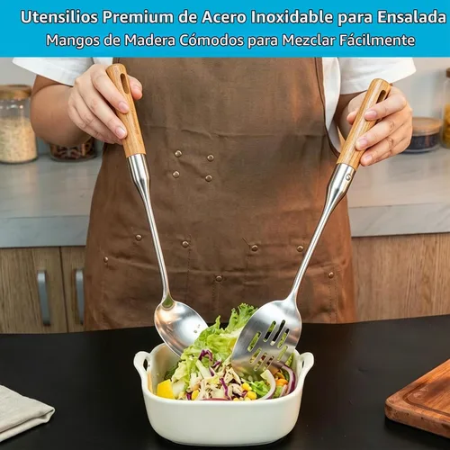 Vista 4 de Juego de utensilios de cocina de acero inoxidable con mango de madera, 7 piezas de utensilios de cocina largos de acero inoxidable, juego