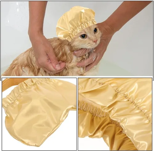 Vista 7 de LOGOFUN Gorro de ducha para mascotas, sombrero envolvente para la cabeza de gato, cubierta reutilizable para orejas de baño con correa ajustable