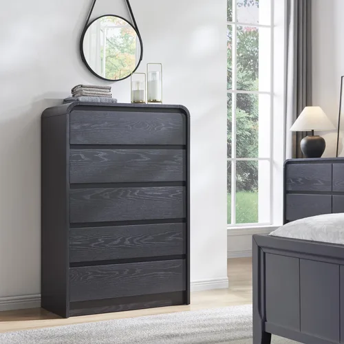 Vista 3 de Aitjunz - Cómoda moderna de 5 cajones para dormitorio, 45 pulgadas de alto, diseño de perfil curvo, cómoda vertical de madera estilo Mid-Century