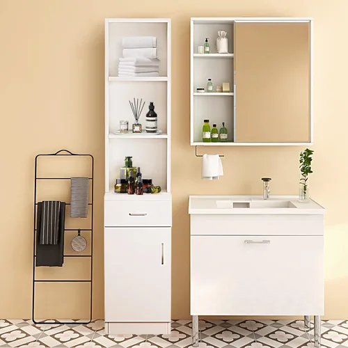 Vista 4 de BNSPLY Armario alto de baño, gabinete estrecho de lino delgado con estantes abiertos de 3 niveles y cajón, torre de lino independiente para baño