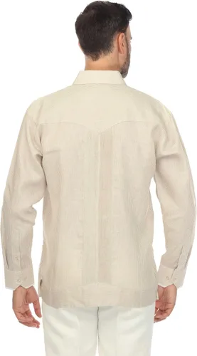 Vista 5 de Mojito - Guayabera de manga larga para hombre, 100% lino, panel de contraste y pliegues tonales