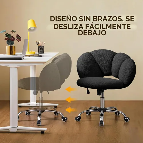 Vista 5 de Yaheetech Black Petal Boucle - Silla de escritorio para maquillaje con ruedas, giratoria, color negro