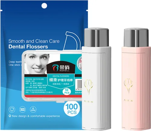 Vista 7 de Paquete de 2 dispensadores de hilo dental portátiles (150 púas de repuesto), estuche compacto de hilo dental de una sola presión para viajes