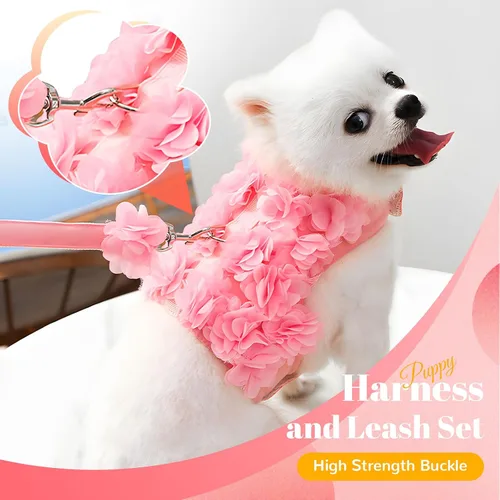 Vista 2 de Lindo arnés y correa para perros pequeños, arnés de encaje rosa floral para cachorros para perros pequeños, gatos, malla suave, chaleco para perro