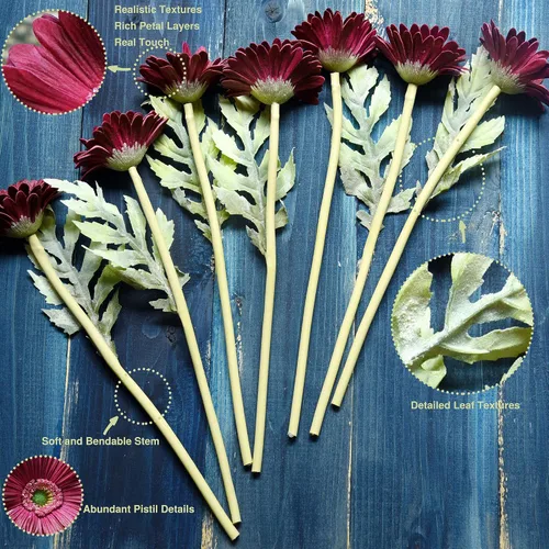 Vista 5 de FiveSeasonStuff Real Touch Gerbera Daisy - Arreglo de flores artificiales y ramo de boda (7 tallos florales, rojo baya)