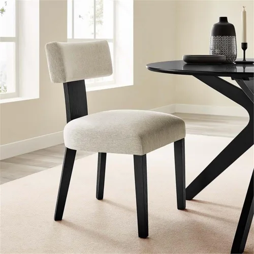 Vista 2 de Modway Nalani - Juego de 2 sillas de comedor sin brazos en tejido jaspeado negro marfil, sillas auxiliares contemporáneas con patas de madera
