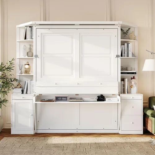 Vista 12 de Cama Murphy de Pared Tamaño Queen con Escritorio en Forma de L, Sofá de 2 Asientos y Luz, Marco de Cama Murphy Tradicional de Madera Maciza