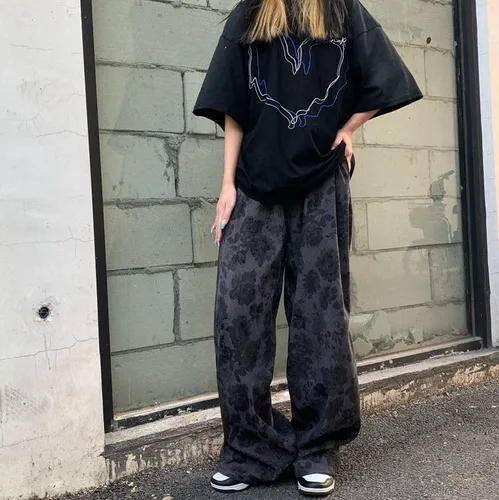 Vista 2 de CYee Grunge Pantalones holgados Y2K Acubi Pantalones de pana pantalones de pana con estampado de rosas Pantalones de pierna ancha Pantalones