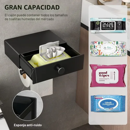 Vista 2 de VOLDRA Soporte de papel higiénico con estante negro dispensador de toallitas para baño Soporte de papel higiénico con cajón de diseño