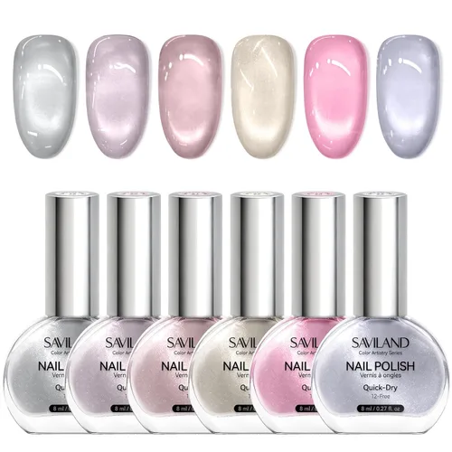 Vista 8 de SAVILAND - Juego de esmaltes de uñas perlado: secado rápido, 12 ingredientes libres, esmalte Aurora, 6 colores brillantes, morado, rosa, azul