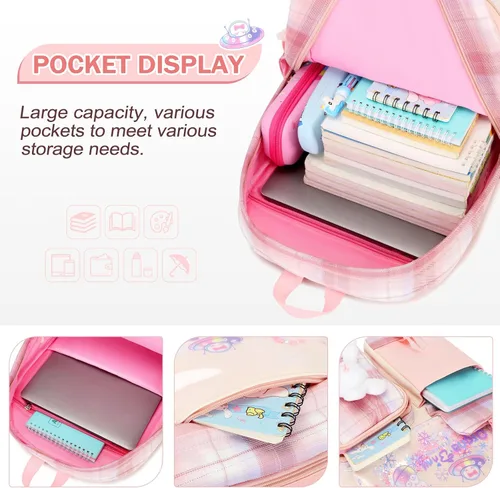 Vista 3 de Juego de mochila para niñas, mochila infantil para niñas, mochila escolar Kawaii Bunny para niña, jardín de infantes, primaria, preescolar, Tartán