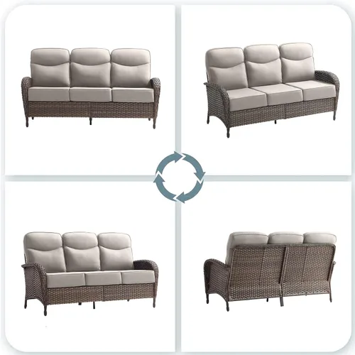 Vista 6 de Sofá de lujo para patio, sofá de mimbre para exteriores con cojines sonrientes de 6 pulgadas, respaldo alto, resistente, cómodo, mimbre marrón
