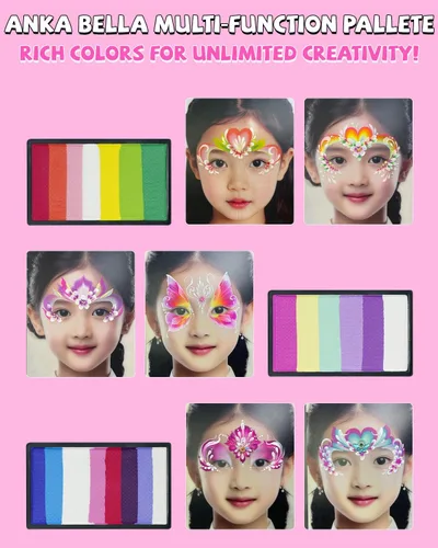 Vista 3 de Anka Bella Pintura facial profesional activada por agua, kit de pintura facial no tóxica para niños y adultos, incluye pastel de arcoíris, pastel