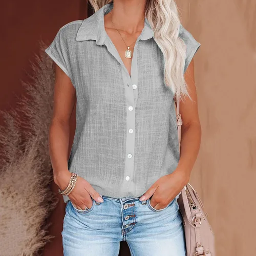 Vista 2 de Ceboyel Camisas para mujer de moda de verano, algodón, lino, manga corta, cuello con botones, blusa casual para mujer 2023