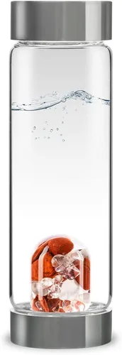 Vista 20 de VitaJuwel ViA AMERICAN DREAM Botella de agua de cristal con oro de 24k · Jaspe rojo · Ópalo blanco · Lapislázuli azul · Cuarzo transparente