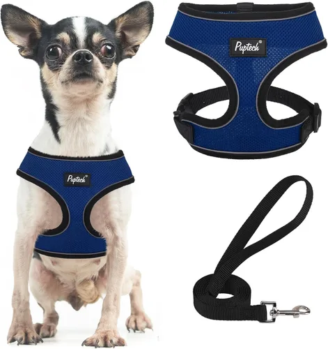 Vista 99 de PUPTECK Juego de arnés y correa de malla suave para perro, cachorro y gato, cómodo chaleco acolchado sin tirones, azul Pascua, S