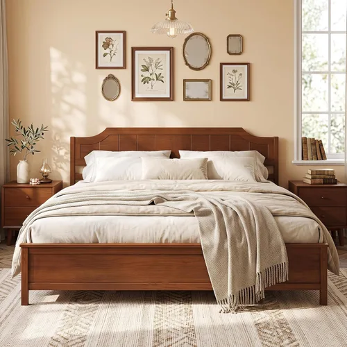 Vista 10 de GIANTEX Twin Size Wooden Bed Frame with Headboard, Wood Slat Support Farmhouse Platform Bed with Heavy Duty Mattress Foundation, Under-Bed