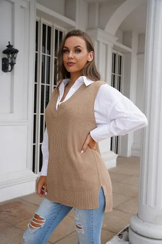Vista 3 de Viottiset - Chaleco de punto de gran tamaño con cuello en V, suéter tipo túnica, para mujer