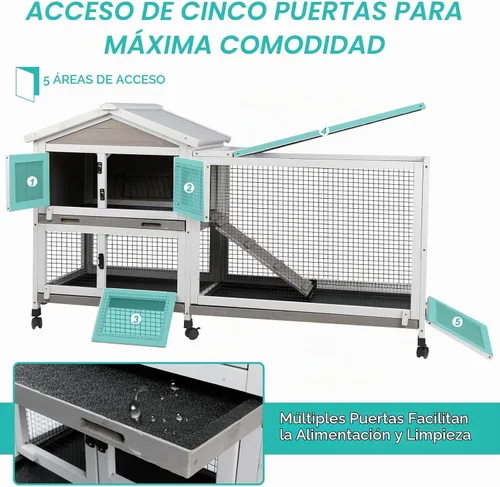 Vista 3 de Ketive - Conejera de 2 niveles con ruedas, jaula para animales pequeños para interiores y exteriores
