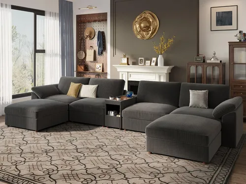 Vista 132 de EASE MOOSE Sofá modular verde seccional de gran tamaño en forma de L Pana verde