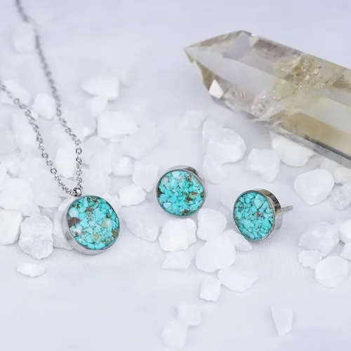 Vista 4 de Aretes redondos de piedra preciosa para mujer, delicados aretes de piedra pulida de malaquita y sodalita, hipoalergénicos, aretes de acero