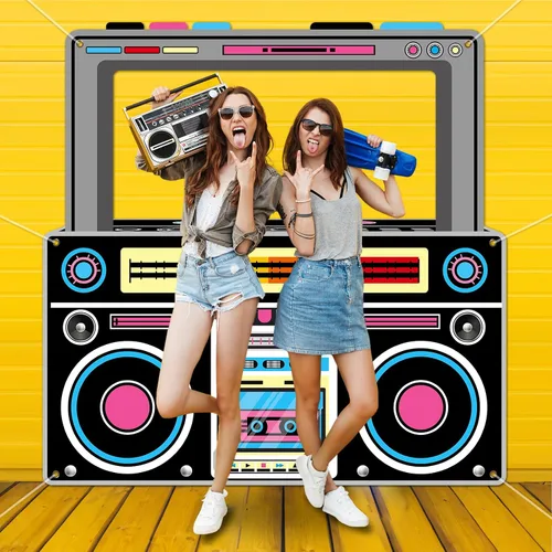 Vista 5 de Accesorios para cabina de fotos de radio para cabina de fotos retro de los 80 y 90, accesorios para cabina de fotos de boombox, pancartas de radio