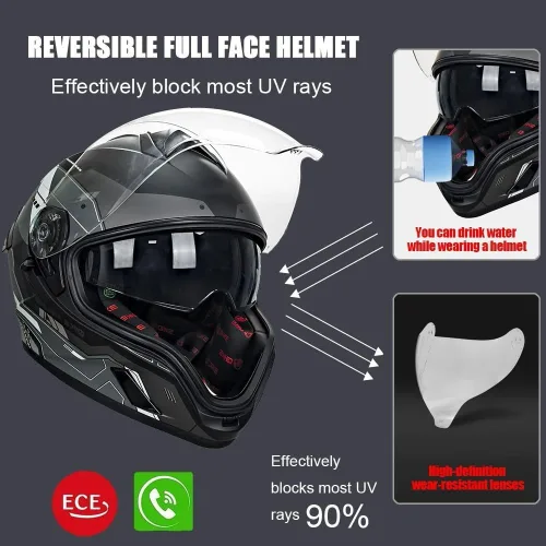 Vista 4 de Casco integral Bluetooth para motocicleta aprobado por DOT, casco modular para motocicleta con visera solar incorporada, puertos de ventilación