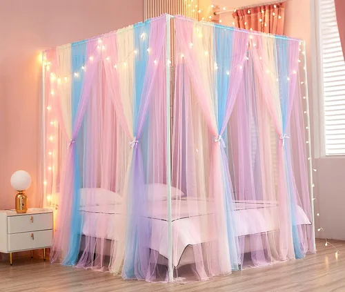 Vista 2 de Akiky Cortinas de Cama con Dosel con Luces de 4 Postes Esquineros para Adultos y Niñas, Cortinas de Cama con Red de Arcoíris - 8 Paneles