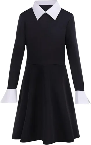 Vista 7 de Party Talk Wednesday Addams Dress for Women Girls, Halloween Costumes Cosplay Long Sleeve Peter Pan Collar Addams Family