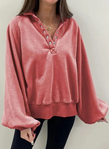 Vista 3 de Dokotoo Sudaderas de gran tamaño con cuello de botón para mujer, manga de farol, holgadas, para mujer