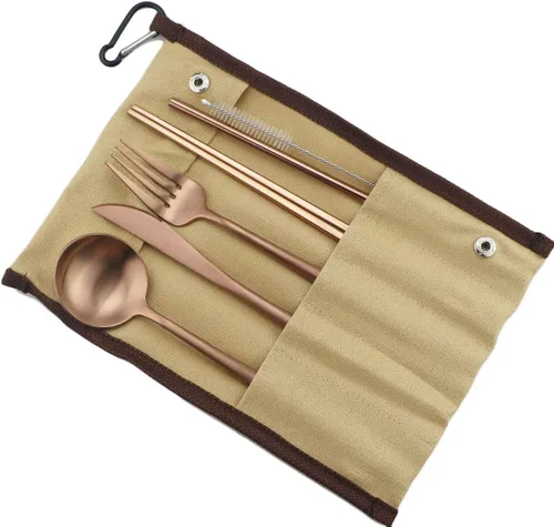 Vista 12 de Utensilios de viaje reutilizables, 7 piezas portátiles de acero inoxidable 304, incluyendo cuchillo, tenedor, cuchara, palillos, cepillo