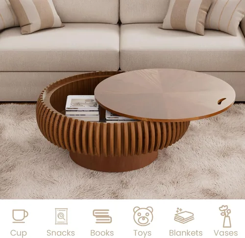 Vista 3 de Mesa de centro redonda acanalada de 31.49 pulgadas con almacenamiento, moderna mesa de centro de madera, mesa central circular con pedestal