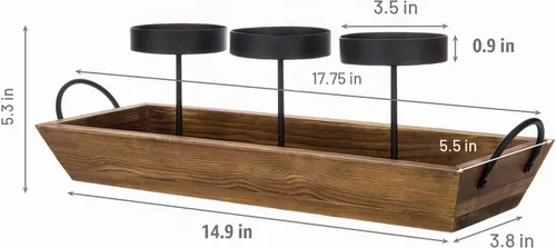 Vista 5 de MyGift Soporte para velas de metal negro de 3 pilares con bandeja de madera rústica y asas, pieza central para mesa/chimenea