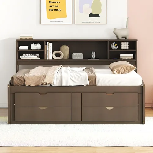 Vista 3 de DEINPPA Cama capitán completa con cabecera de almacenamiento, sofá cama matrimonial con cajones y armarios, marco de cama de plataforma de madera