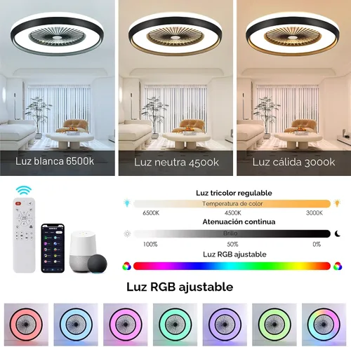 Vista 3 de Ventilador de techo sin aspas de 24" con luz RGB y control remoto, ventiladores de techo LED inteligentes con control por voz/aplicación, ventilador