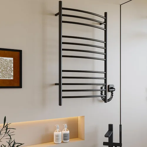 Vista 7 de HEATGENE - Calentador de toallas de montaje en pared, enchufe/cableado eléctrico, estante de toallas calentado, 4 soportes, negro mate