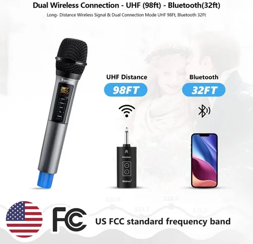 Vista 2 de Micrófono inalámbrico, micrófono de karaoke de mano dinámico de metal UHF, receptor recargable (funciona 6 horas), rango de 160 pies, para karaoke