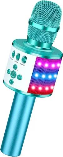 Vista 11 de Micrófono de karaoke BONAOK para niños y adultos - micrófonos Bluetooth con luces de disco, efecto eco, altavoz incorporado, reproductor de karaoke
