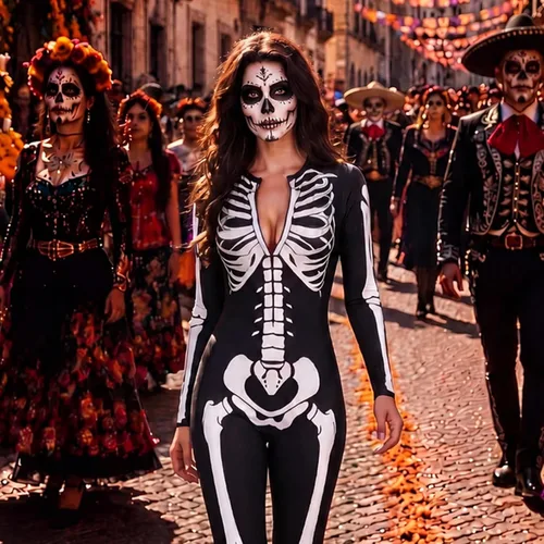 Vista 7 de Disfraz de esqueleto para mujer, overol de calavera con cremallera de Halloween