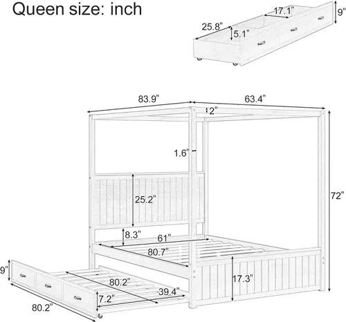 Vista 2 de Moderna plataforma de cama con dosel con dosel, tamaño Queen con cabecera de canal, plataforma de diseño de dosel de madera maciza con nido y 3