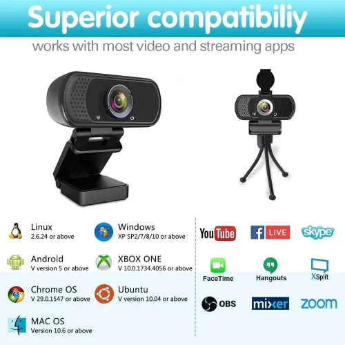 Vista 2 de Webcam HD 1080p, cámara HD para transmisión en vivo con micrófono estéreo, cámara web USB para PC de escritorio o portátil con ángulo de visión