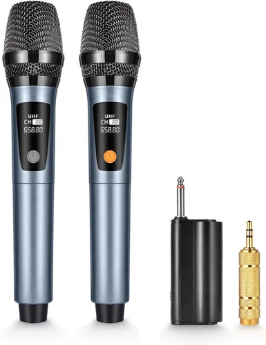 Vista 10 de Micrófonos Inalámbricos UHF Recargables, Dos Micrófonos de Mano de Metal con Receptor de 1/4", Plug-and-Play para Altavoz y Sistema PA, Karaoke