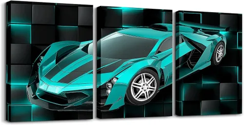Vista 16 de Feelyou Cuadro azul de carreras para pared, 12 x 16 pulgadas, 3 piezas de autos deportivos de velocidad, lienzo para decoración de pared, diseño