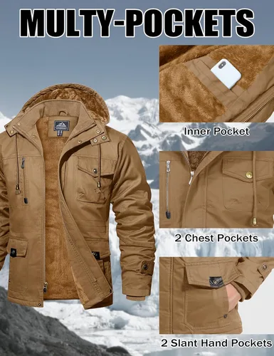 Vista 5 de MAGCOMSEN Chaqueta de invierno para hombre, con forro polar de algodón, chaquetas cálidas para trabajo, abrigos militares con 6 bolsillos