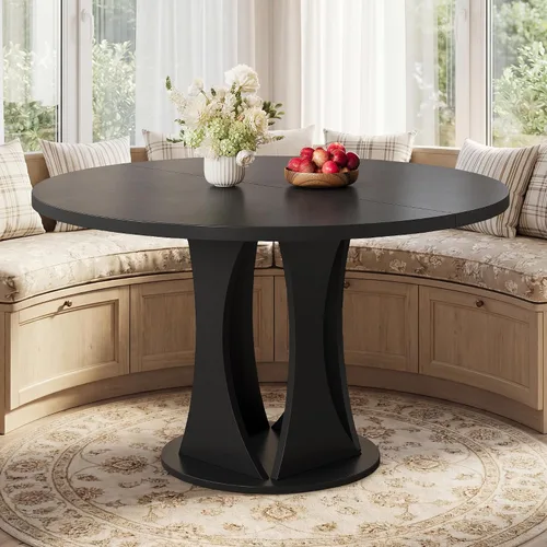 Vista 9 de iPormis Mesa de comedor extensible de 43 a 59 pulgadas, mesa de cocina redonda con pedestal de arcos modernos, mesa de comedor ovalada con hojas