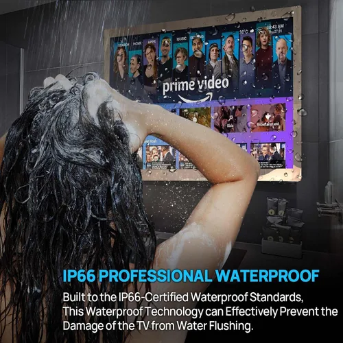 Vista 3 de Haocrown - Espejo de baño inteligente 4K Ultra HD de 32 pulgadas, IP66 impermeable, sistema operativo Android 13, control remoto de voz