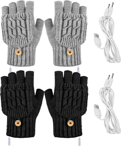 Vista 9 de SATINIOR 2 pares de guantes calentados USB de invierno, guantes calentadores de manos USB sin dedos, guantes eléctricos calentadores de manos