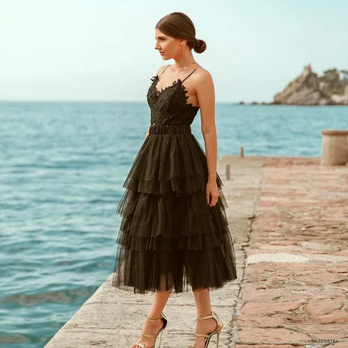 Vista 3 de CHICWISH Falda midi de tul para mujer, color rosa nude, negro, escalonada, de malla escalonada, para ballet, fiesta de graduación, tutú, Nude pink