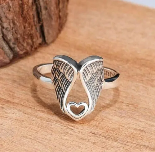 Vista 2 de HUKQBUNX - Anillo de plata de ley 925 con alas de ángel retro Love Fresh para mujer, tamaño 6-10 (talla 9)
